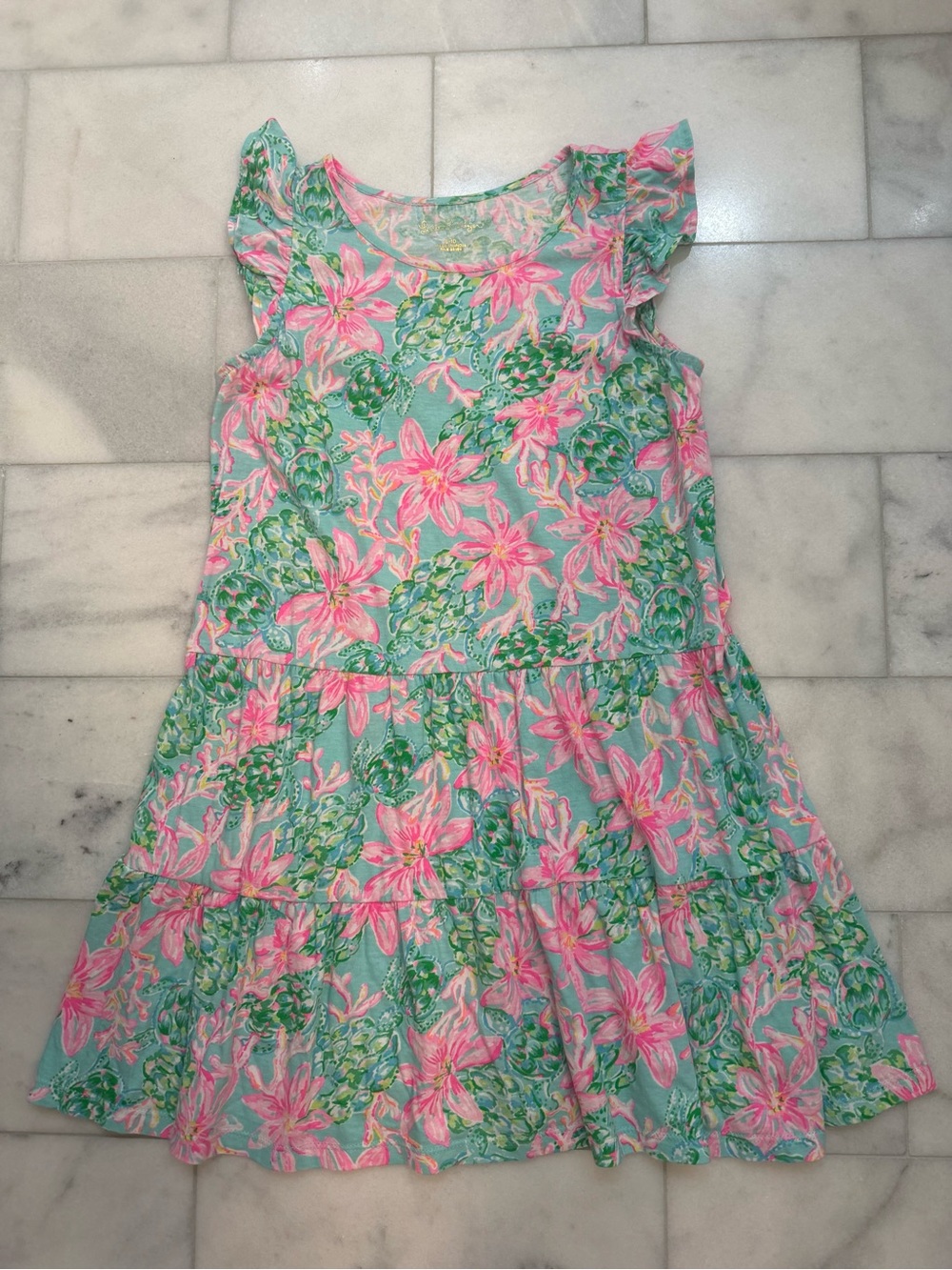 Lilly Pulitzer Girls Brynn Dress in Surf Blue So Shellegant Print. EUC